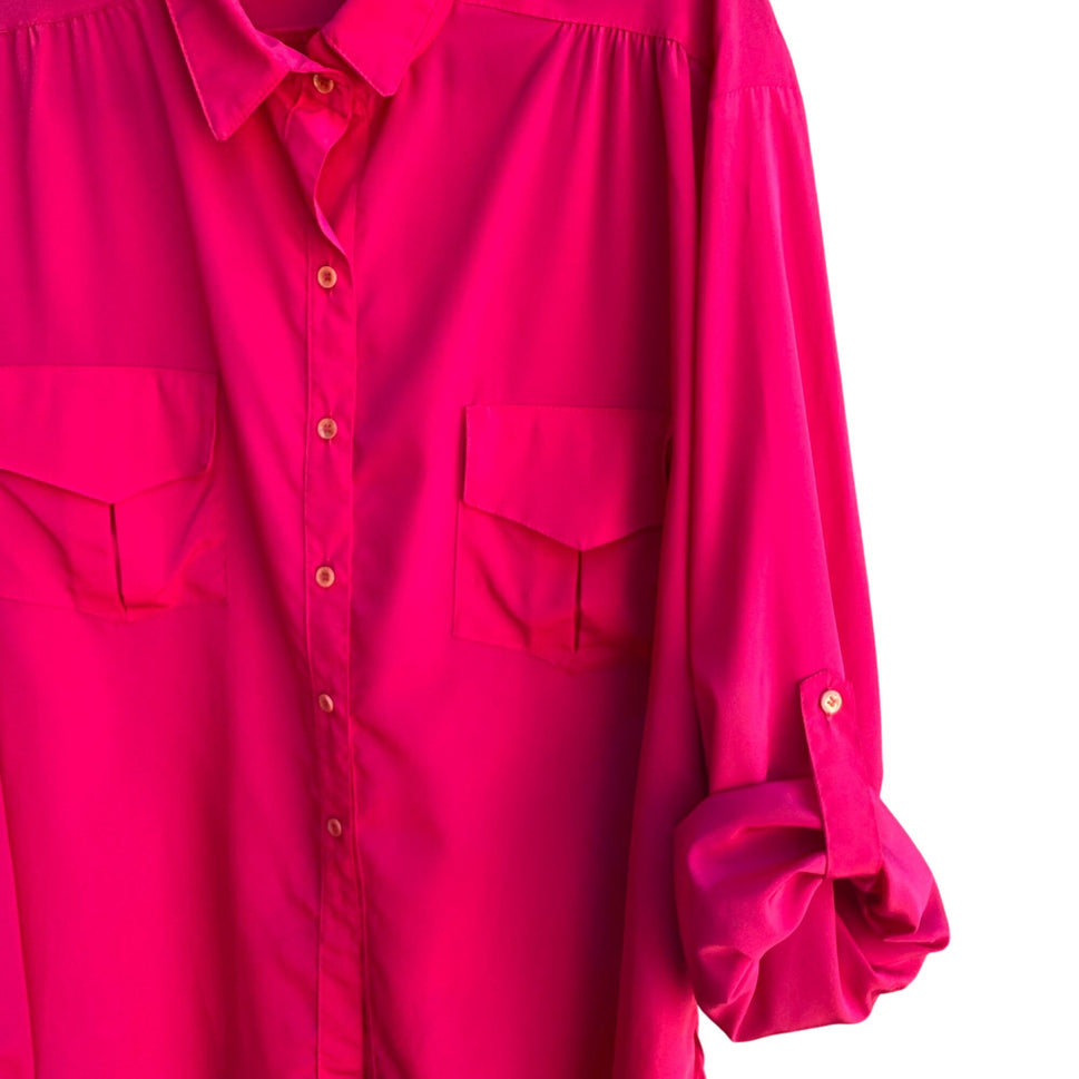 Marie-France Vintage Hot Pink Button-Up Palace Silk Roll Tab Sleeve Blouse 3XL