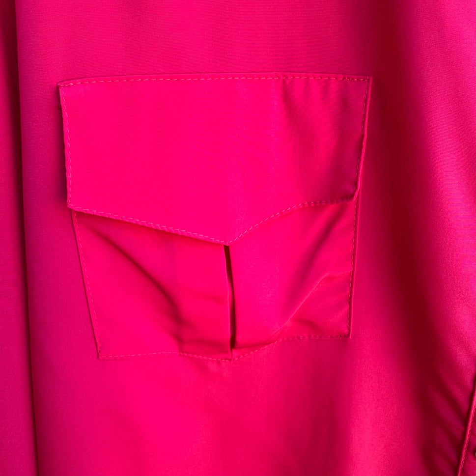 Marie-France Vintage Hot Pink Button-Up Palace Silk Roll Tab Sleeve Blouse 3XL