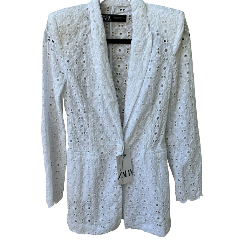 Zara Cottagecore Coastal Boho Eyelet Embroidered Blazer Jacket White XS NEW