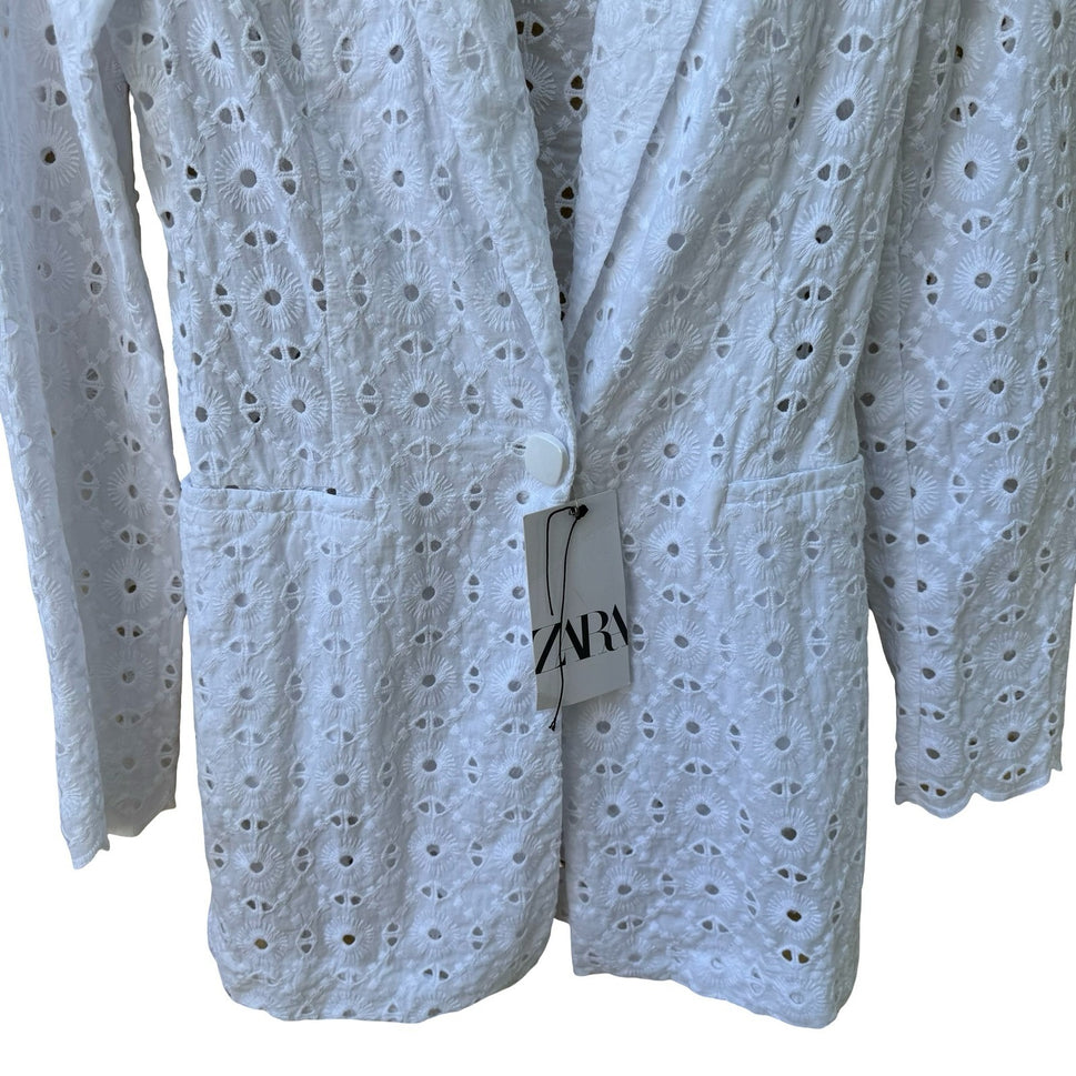 Zara Cottagecore Coastal Boho Eyelet Embroidered Blazer Jacket White XS NEW