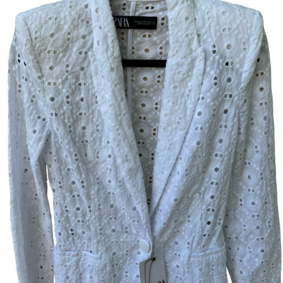 Zara Cottagecore Coastal Boho Eyelet Embroidered Blazer Jacket White XS NEW