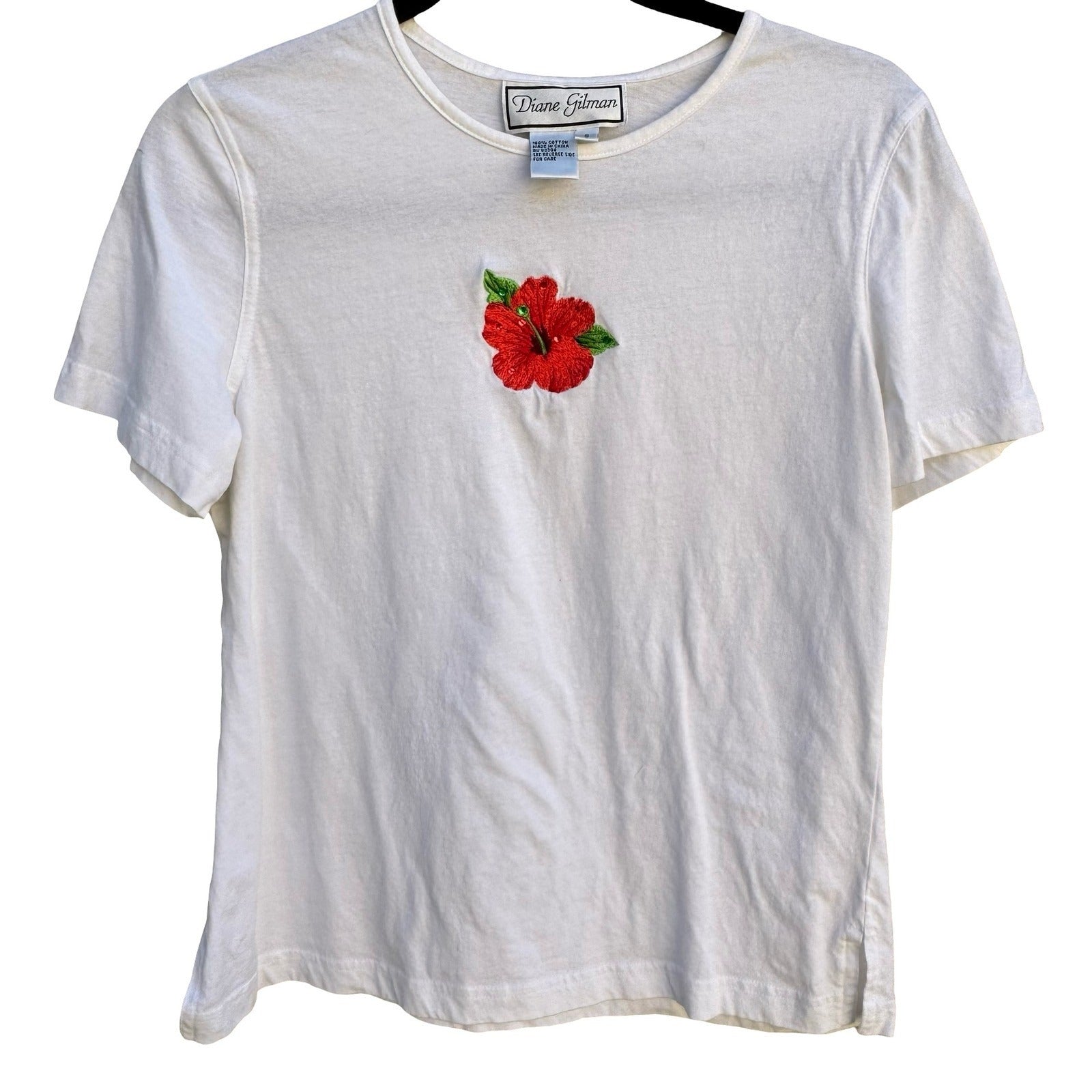 Diane Gilman White Cotton T-Shirt Red Hibiscus Sequin Embroidered Floral Small