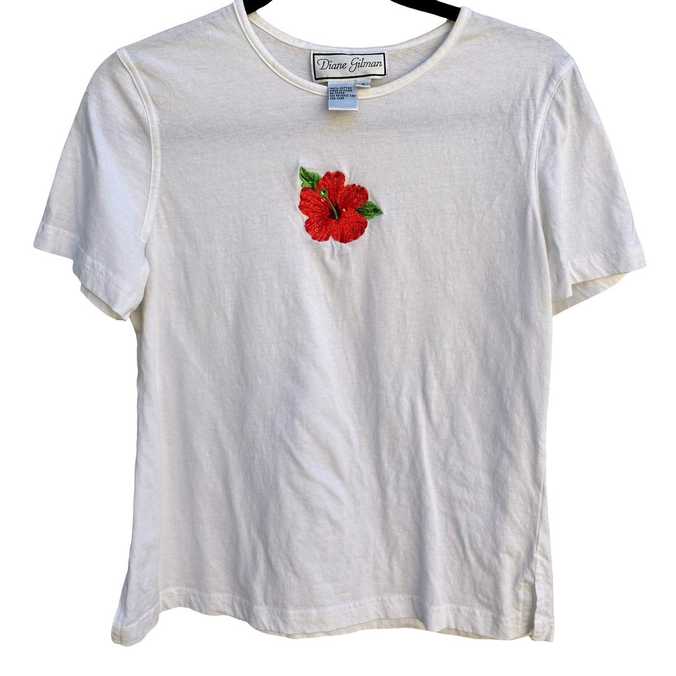 Diane Gilman White Cotton T-Shirt Red Hibiscus Sequin Embroidered Floral Small