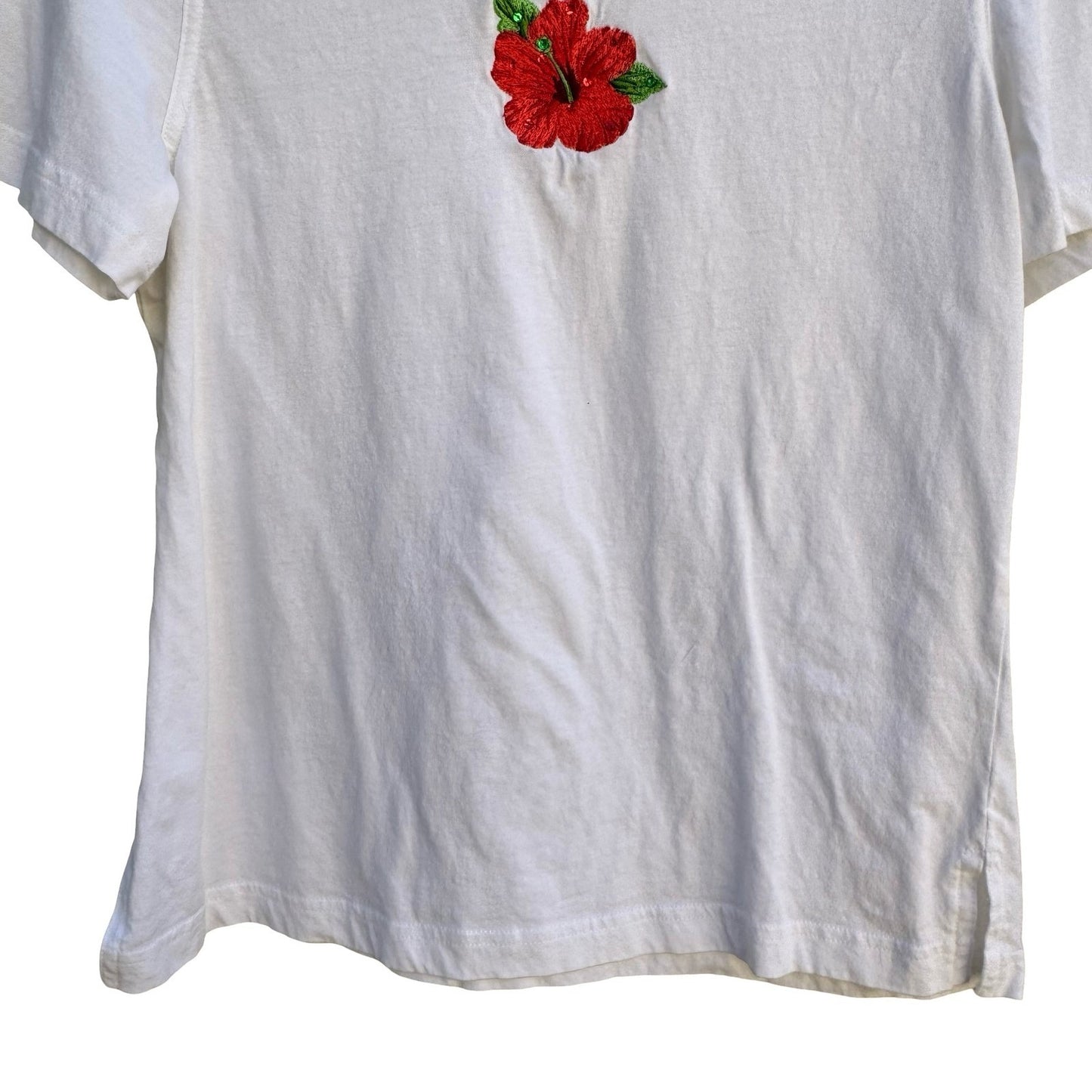 Diane Gilman White Cotton T-Shirt Red Hibiscus Sequin Embroidered Floral Small