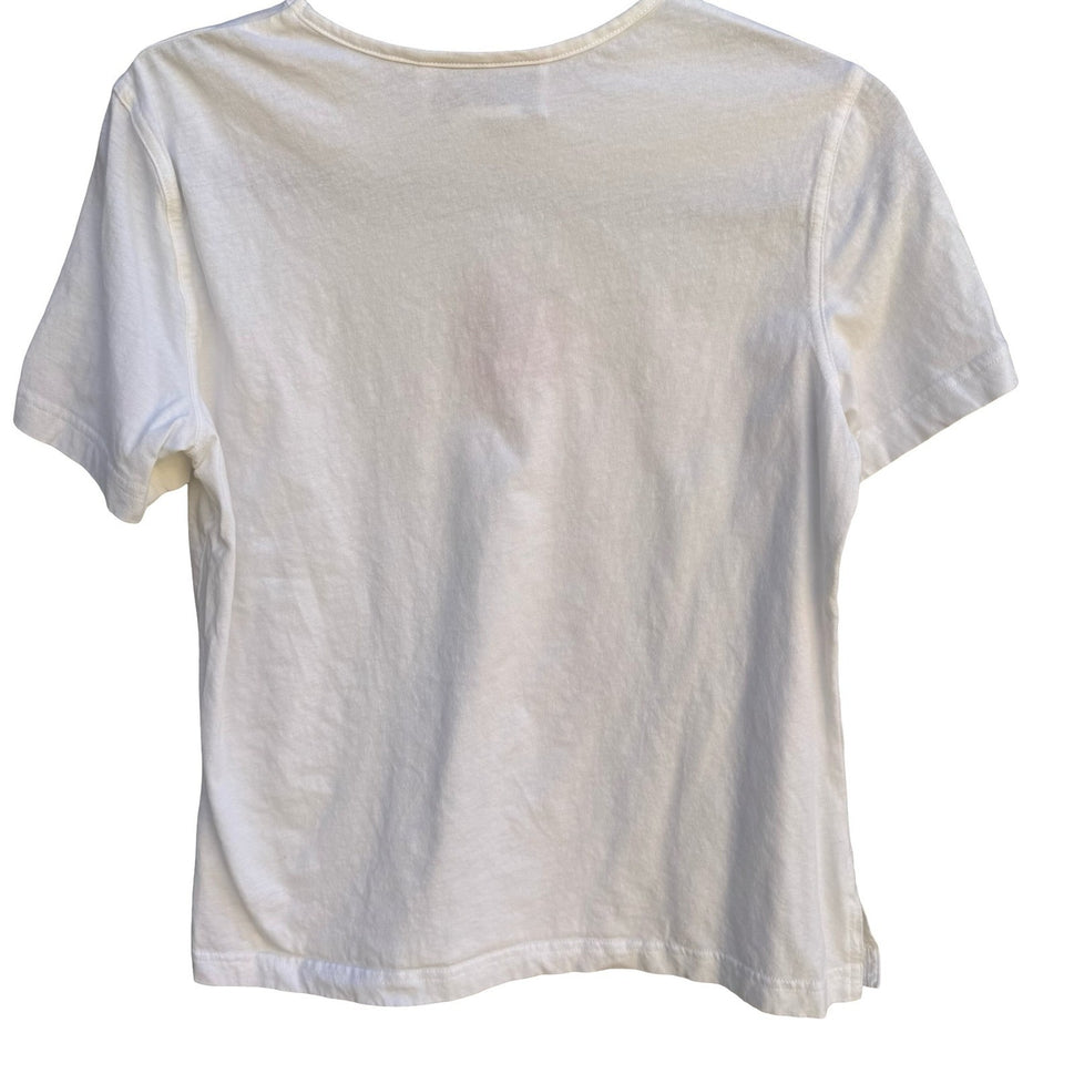 Diane Gilman White Cotton T-Shirt Red Hibiscus Sequin Embroidered Floral Small