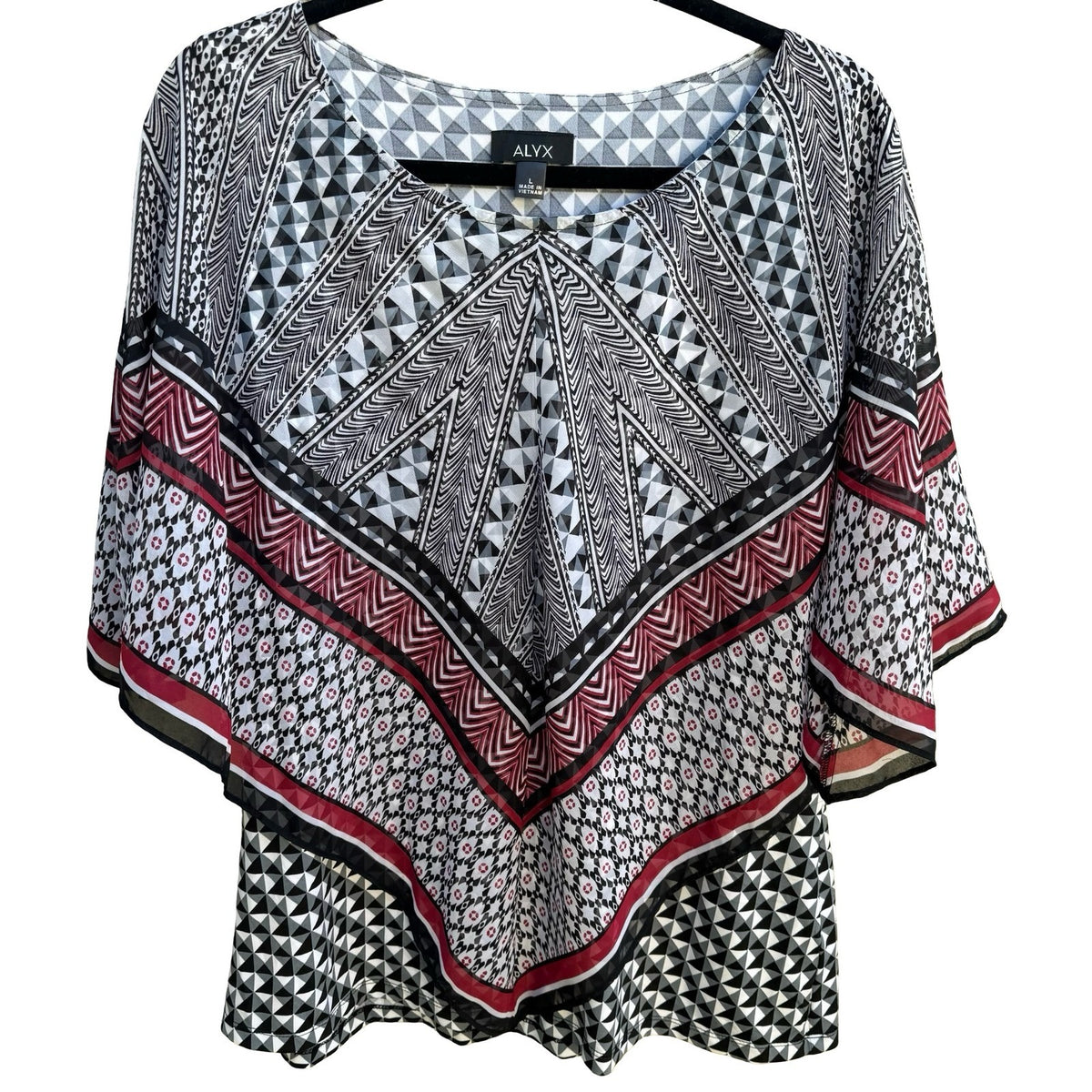 ALYX Boho Flowy Mod Geometric Poncho Chiffon Overlay Layered Tunic Blouse L