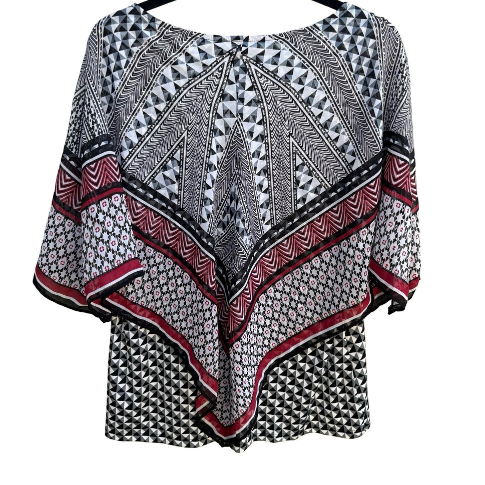 ALYX Boho Flowy Mod Geometric Poncho Chiffon Overlay Layered Tunic Blouse L