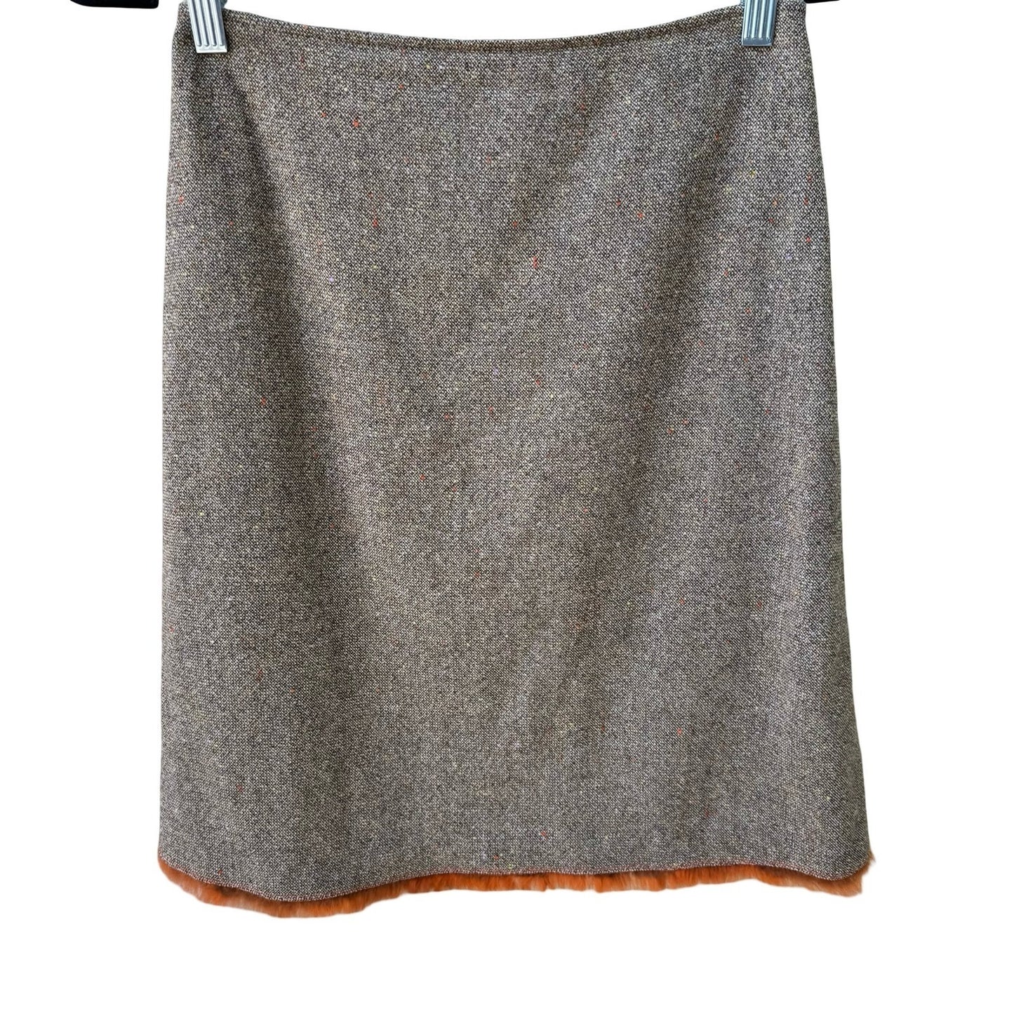 Tahari Vintage 90s Preppy Wool Blend Donegal Tweed Skirt Brown Faux Fur Trim 2