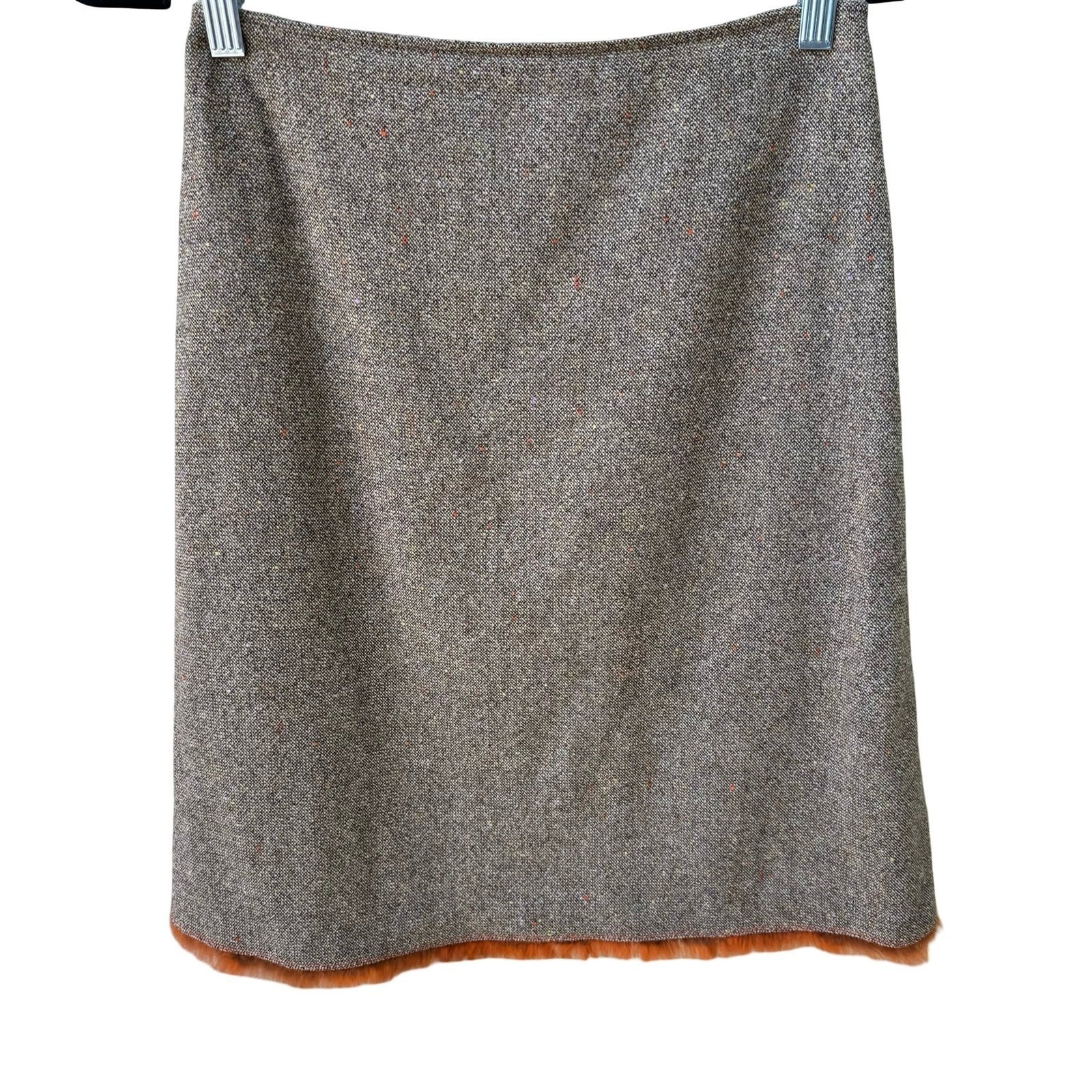 Tahari Vintage 90s Preppy Wool Blend Donegal Tweed Skirt Brown Faux Fur Trim 2