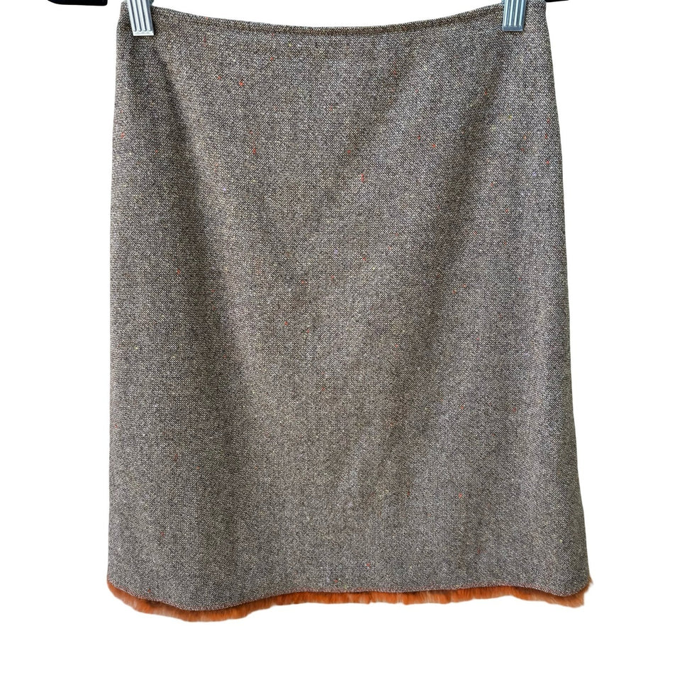 Tahari Vintage 90s Preppy Wool Blend Donegal Tweed Skirt Brown Faux Fur Trim 2
