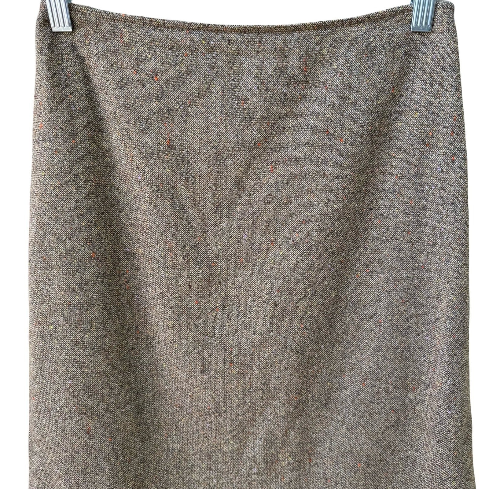 Tahari Vintage 90s Preppy Wool Blend Donegal Tweed Skirt Brown Faux Fur Trim 2
