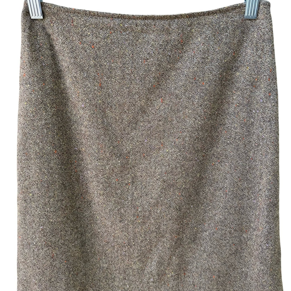 Tahari Vintage 90s Preppy Wool Blend Donegal Tweed Skirt Brown Faux Fur Trim 2
