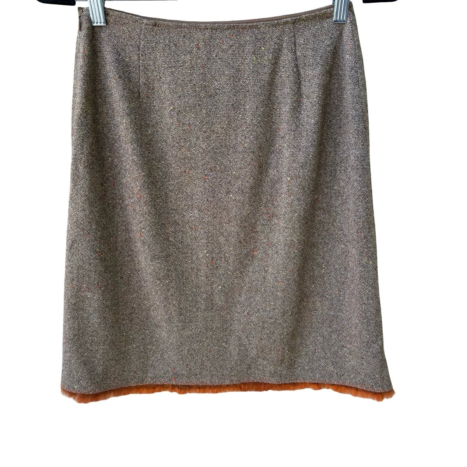 Tahari Vintage 90s Preppy Wool Blend Donegal Tweed Skirt Brown Faux Fur Trim 2