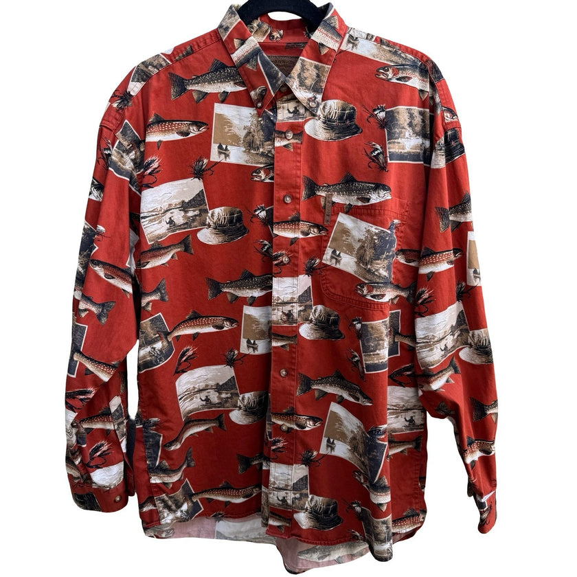 Clearwater Outfitters Fishing Trout Novelty Print Shirt Cotton Mens L Gorpcore