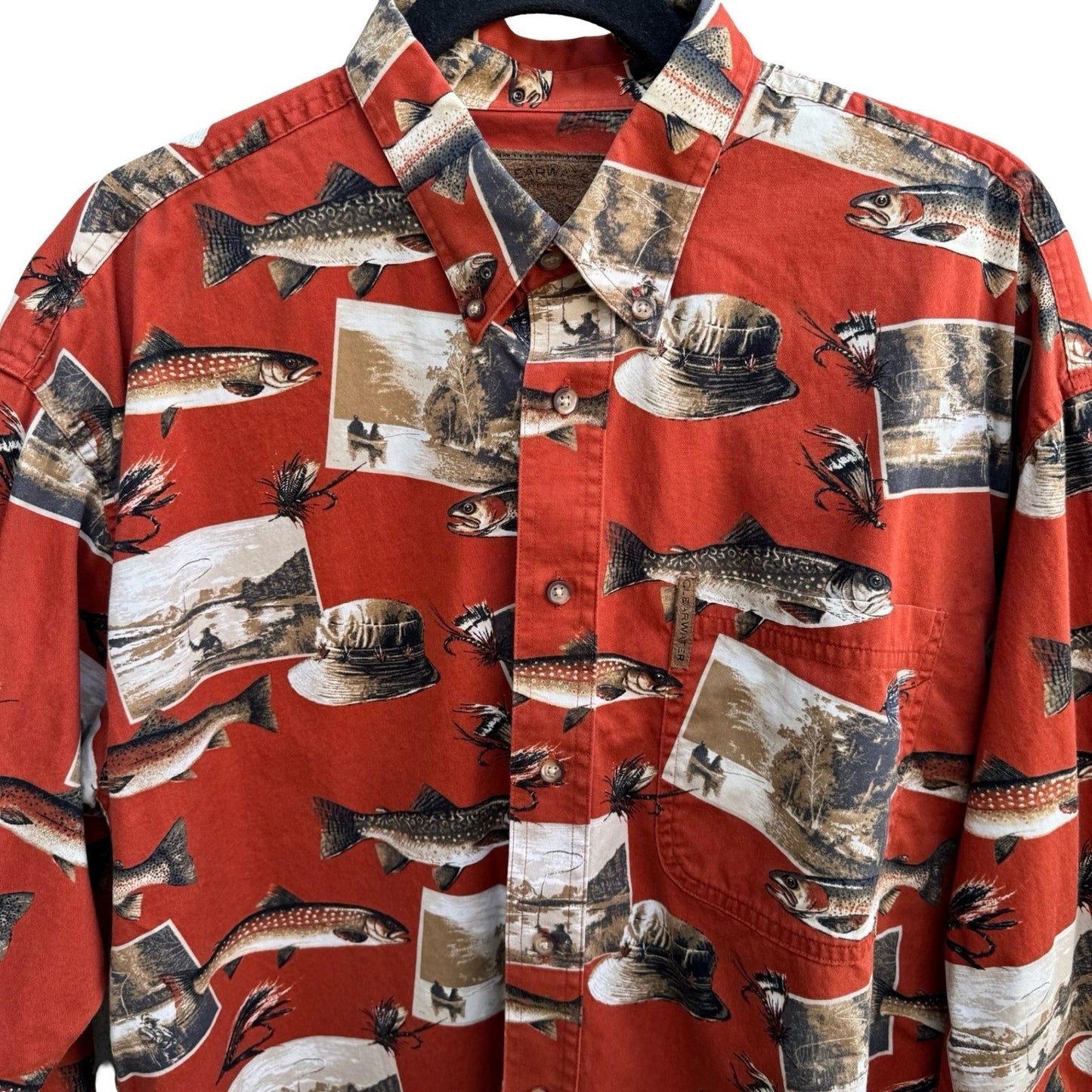Clearwater Outfitters Fishing Trout Novelty Print Shirt Cotton Mens L Gorpcore