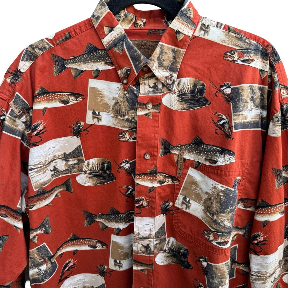 Clearwater Outfitters Fishing Trout Novelty Print Shirt Cotton Mens L Gorpcore