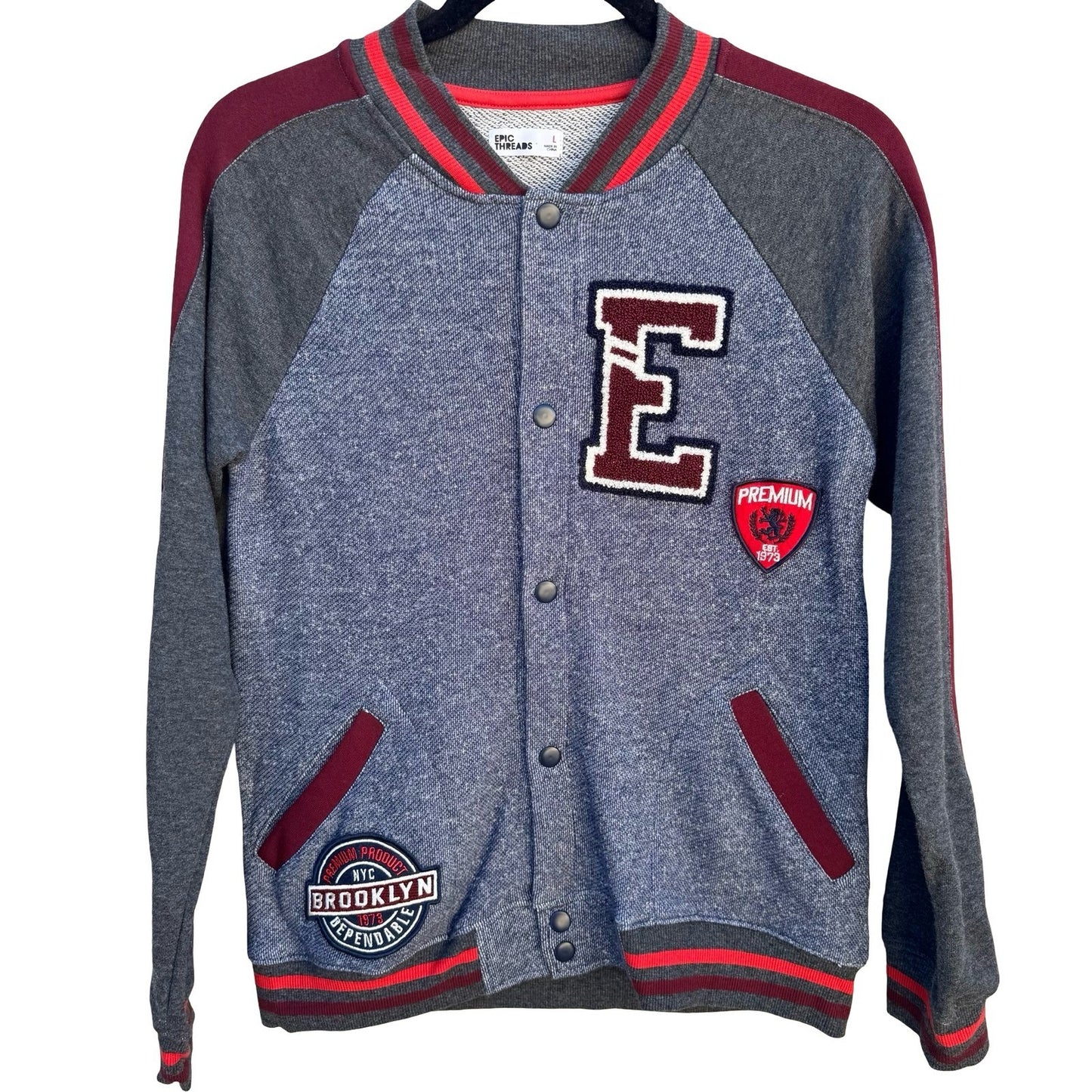 Epic Threads Womens L Varsity Bomber Jacket Blue Gray Burgundy Snap Front NWOT