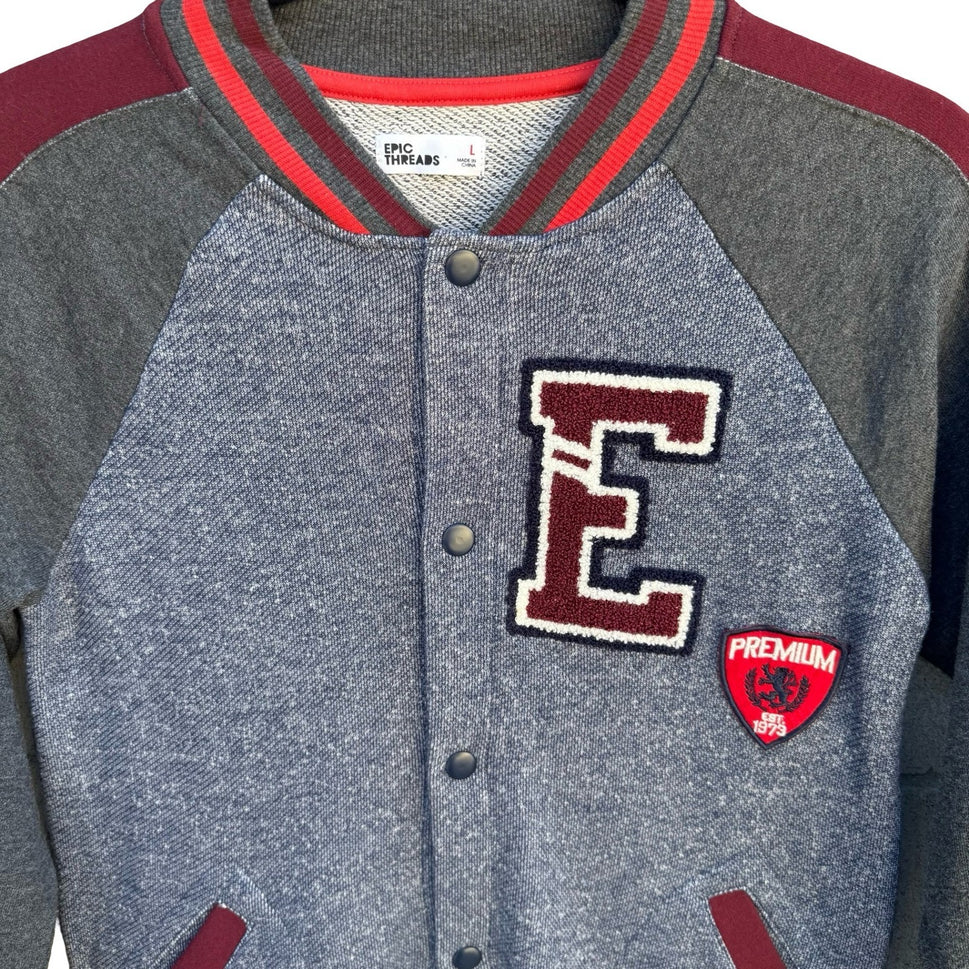 Epic Threads Womens L Varsity Bomber Jacket Blue Gray Burgundy Snap Front NWOT