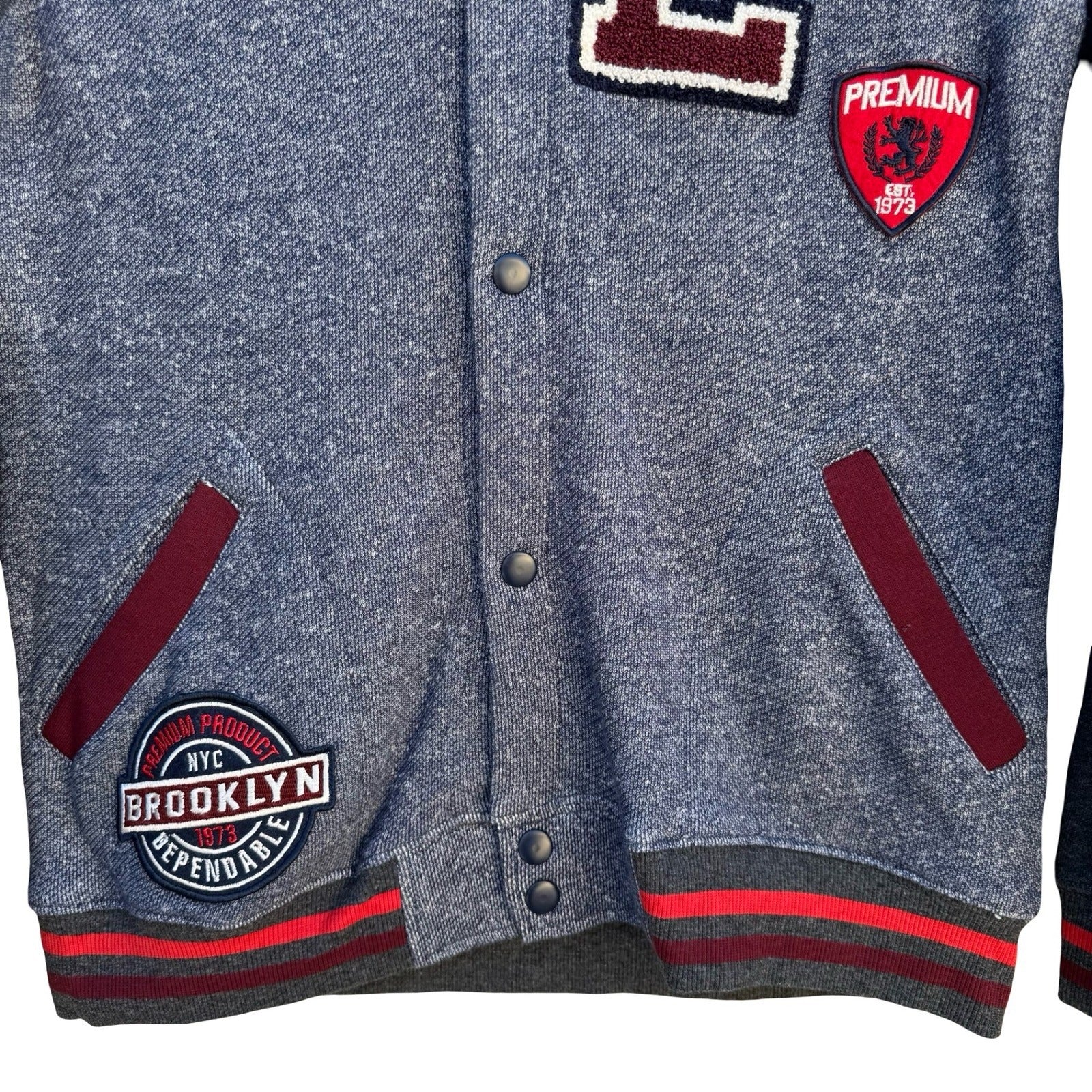 Epic Threads Womens L Varsity Bomber Jacket Blue Gray Burgundy Snap Front NWOT