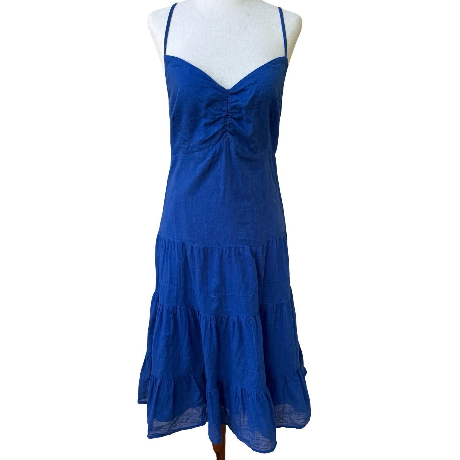 Gap Coastal Summer Boho Beachy Cotton Tiered Midi Sundress Ruched Bust Blue L