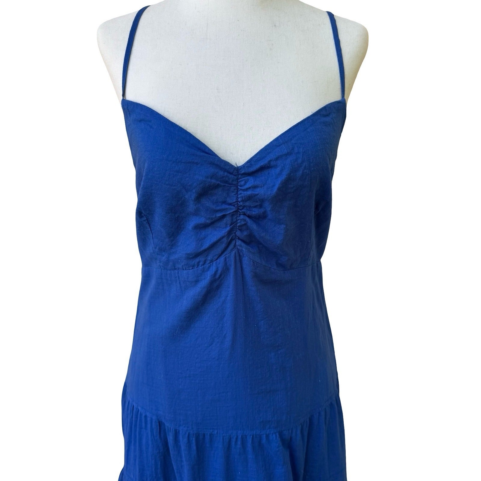 Gap Coastal Summer Boho Beachy Cotton Tiered Midi Sundress Ruched Bust Blue L