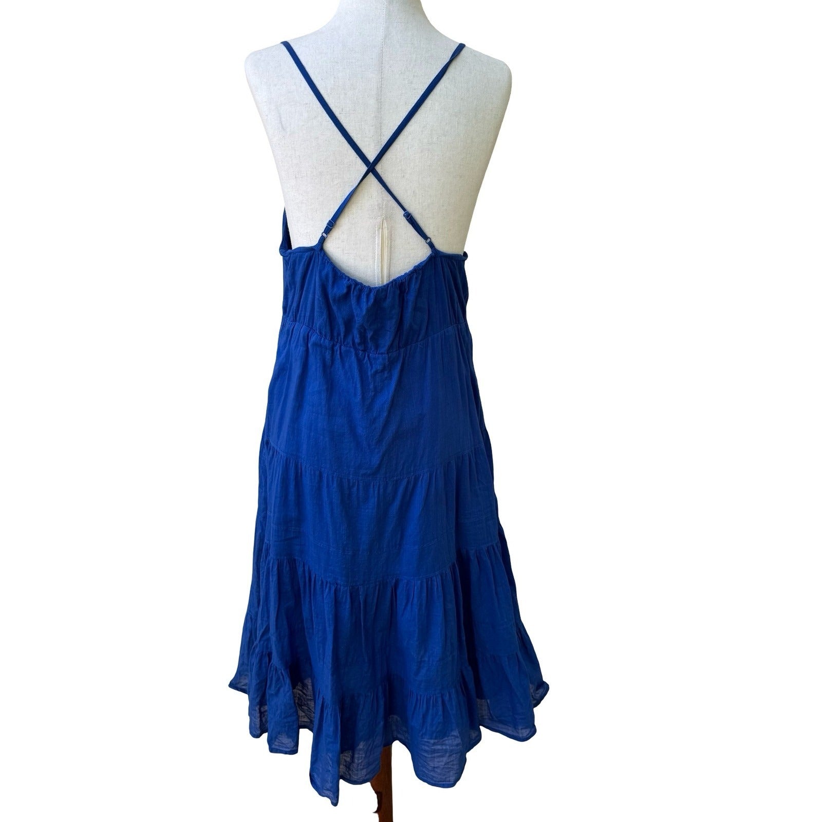 Gap Coastal Summer Boho Beachy Cotton Tiered Midi Sundress Ruched Bust Blue L