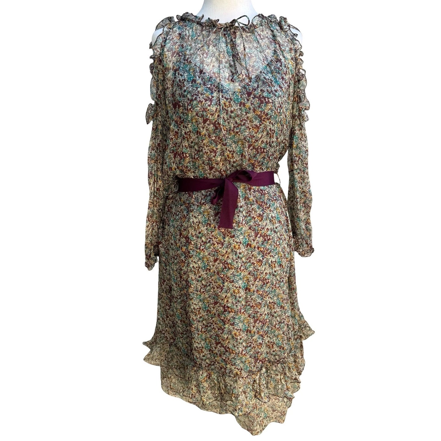 Zadig & Voltaire Deluxe Boho Ethereal Silk Reef Print Cold Shoulder Ruffle Dress