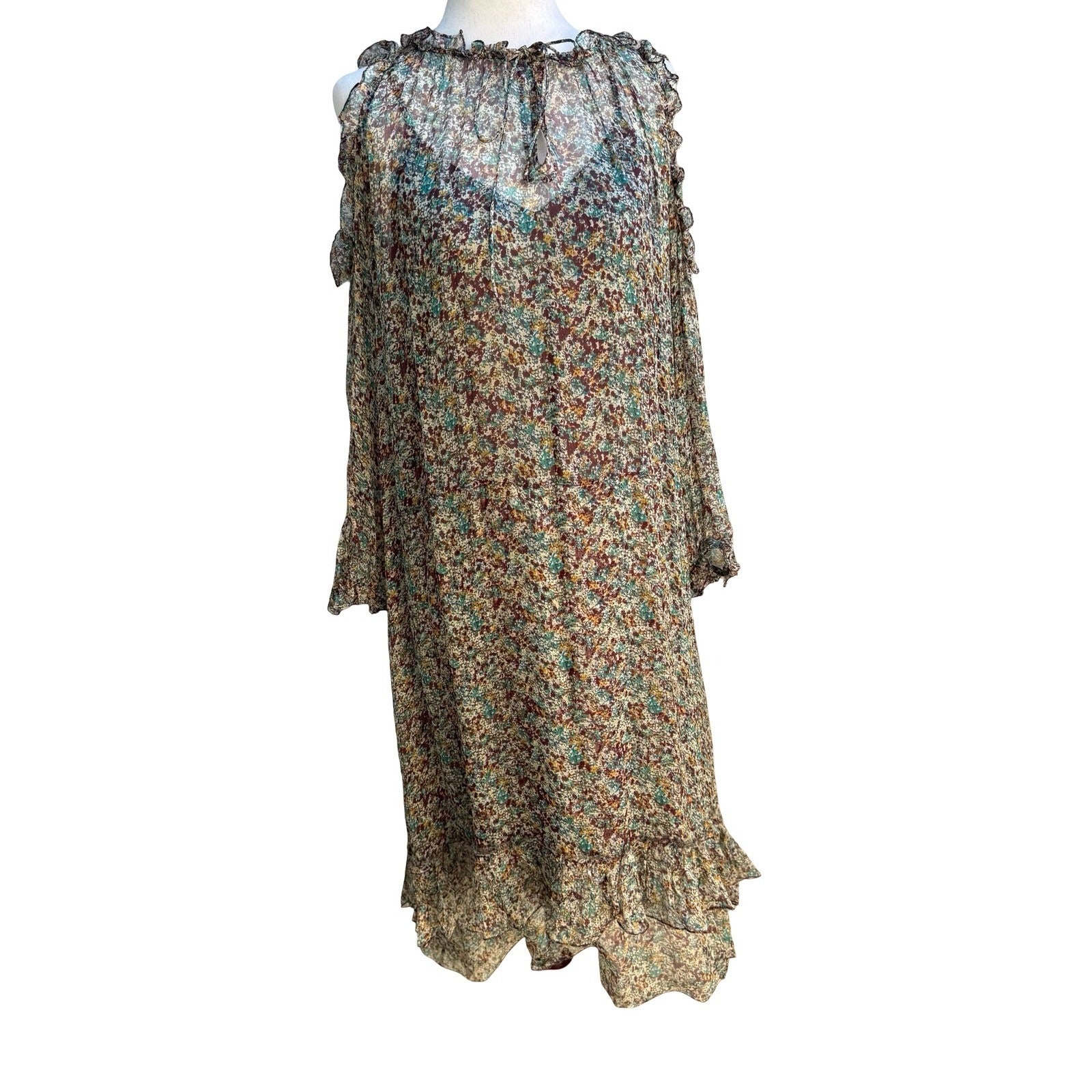 Zadig & Voltaire Deluxe Boho Ethereal Silk Reef Print Cold Shoulder Ruffle Dress