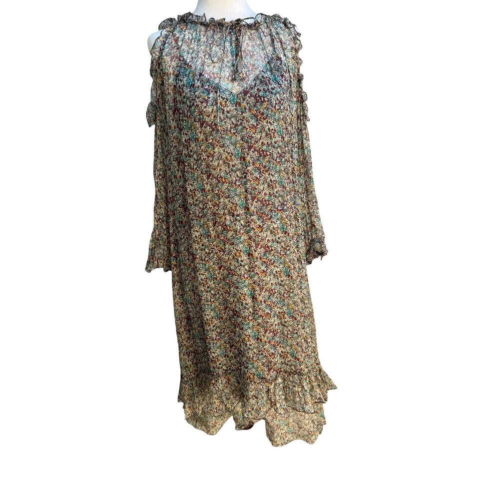 Zadig & Voltaire Deluxe Boho Ethereal Silk Reef Print Cold Shoulder Ruffle Dress
