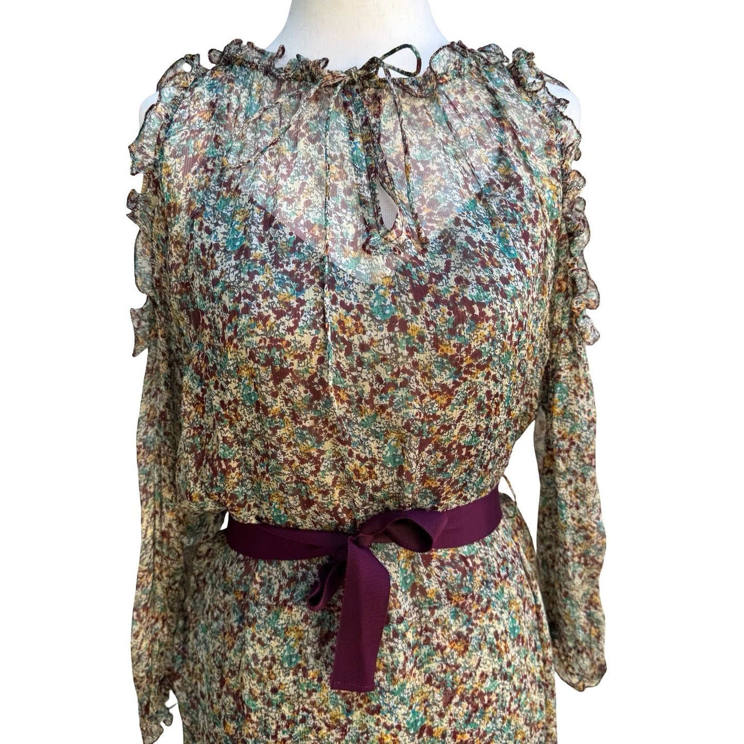 Zadig & Voltaire Deluxe Boho Ethereal Silk Reef Print Cold Shoulder Ruffle Dress