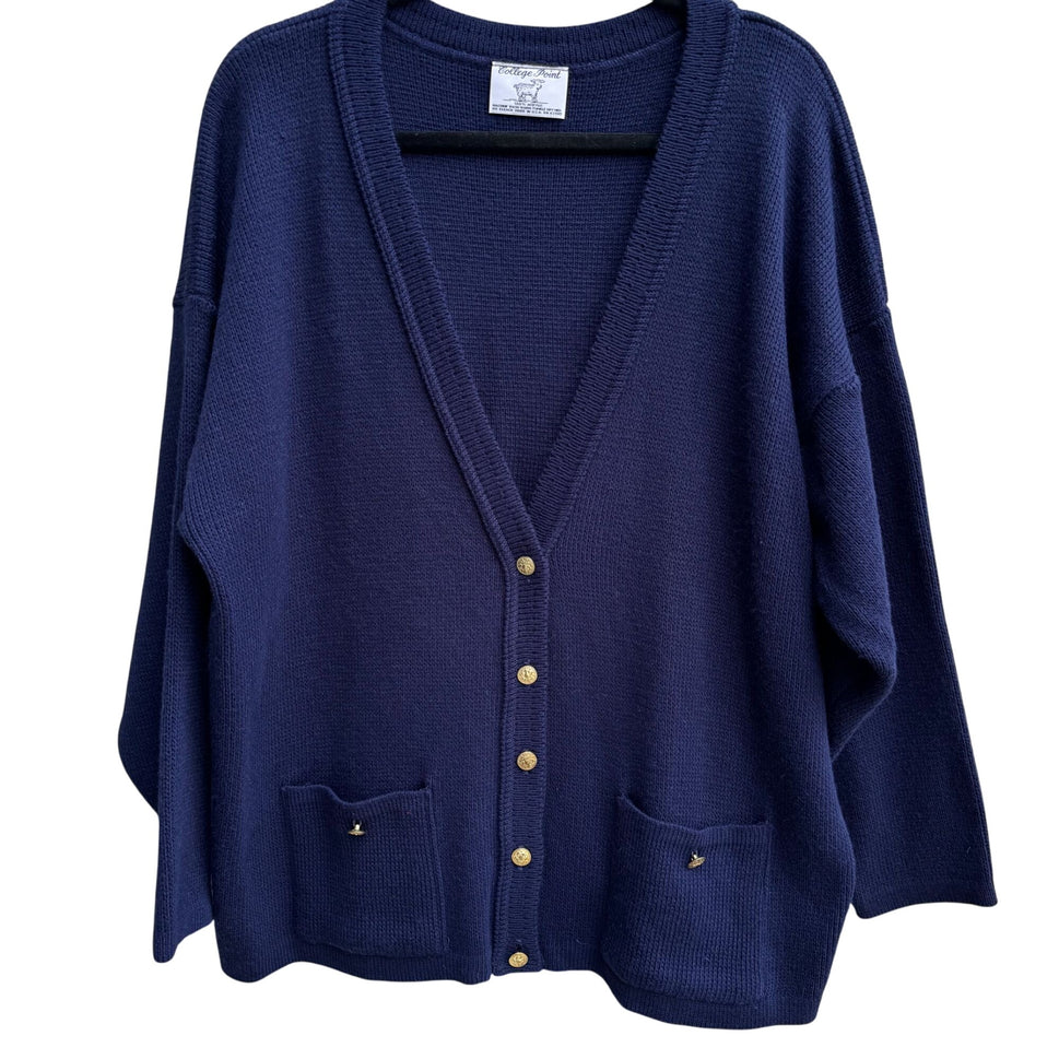 College Point Vintage Navy Gold Buttons Pockets Knit Granny Cardigan Sweater XXL