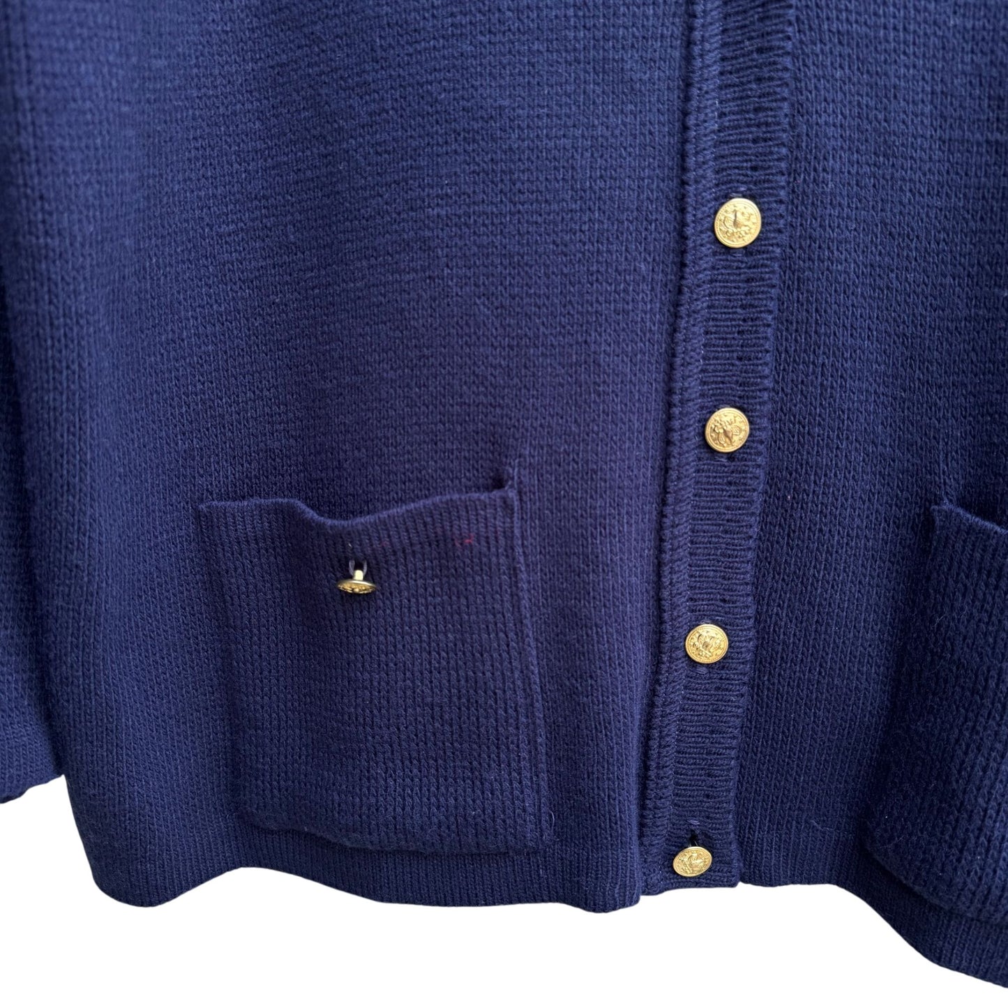 College Point Vintage Navy Gold Buttons Pockets Knit Granny Cardigan Sweater XXL