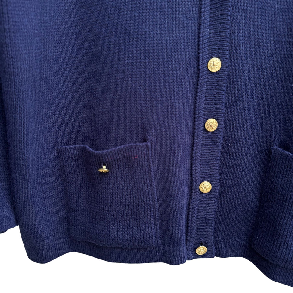 College Point Vintage Navy Gold Buttons Pockets Knit Granny Cardigan Sweater XXL