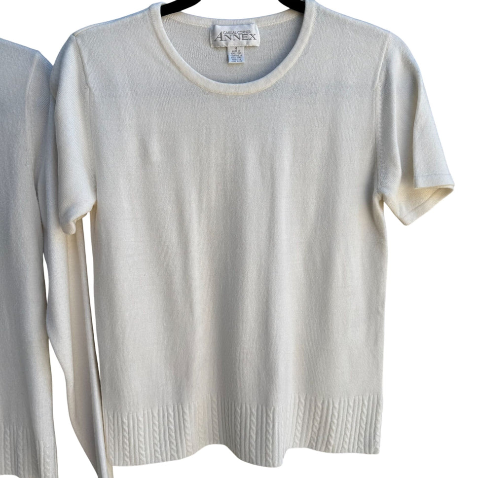 Casual Corner Annex Womens Cream Knit Cardigan & Short Sleeve Top Sweater Set M