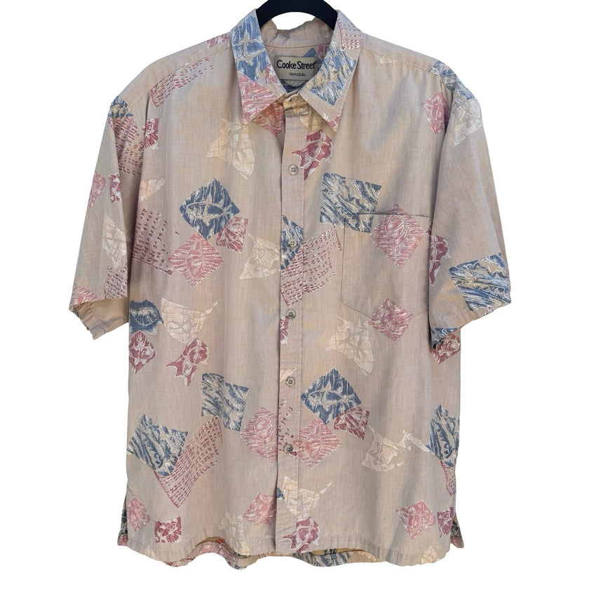 Cooke Street Honolulu Vintage Mens L Hawaiian Aloha Shirt Geometric Fish Tan