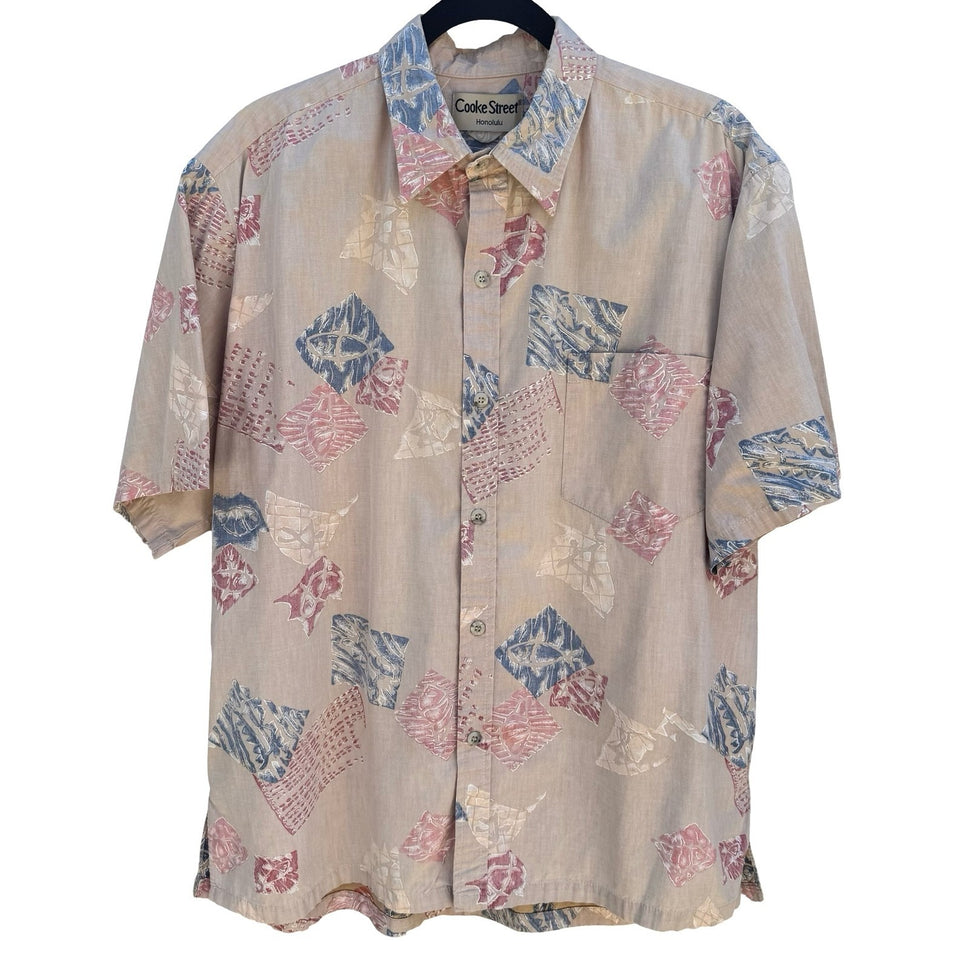 Cooke Street Honolulu Vintage Mens L Hawaiian Aloha Shirt Geometric Fish Tan