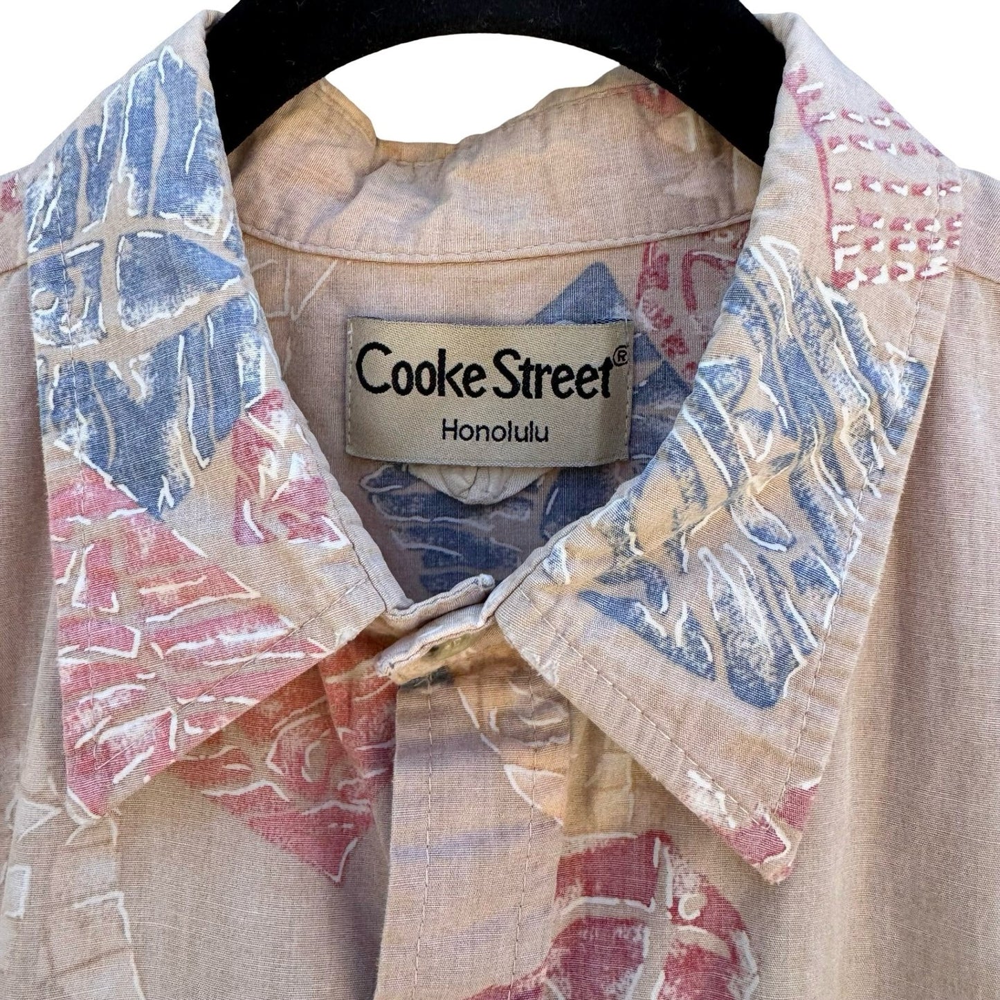 Cooke Street Honolulu Vintage Mens L Hawaiian Aloha Shirt Geometric Fish Tan