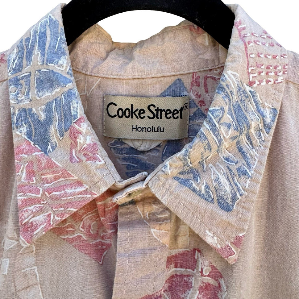 Cooke Street Honolulu Vintage Mens L Hawaiian Aloha Shirt Geometric Fish Tan