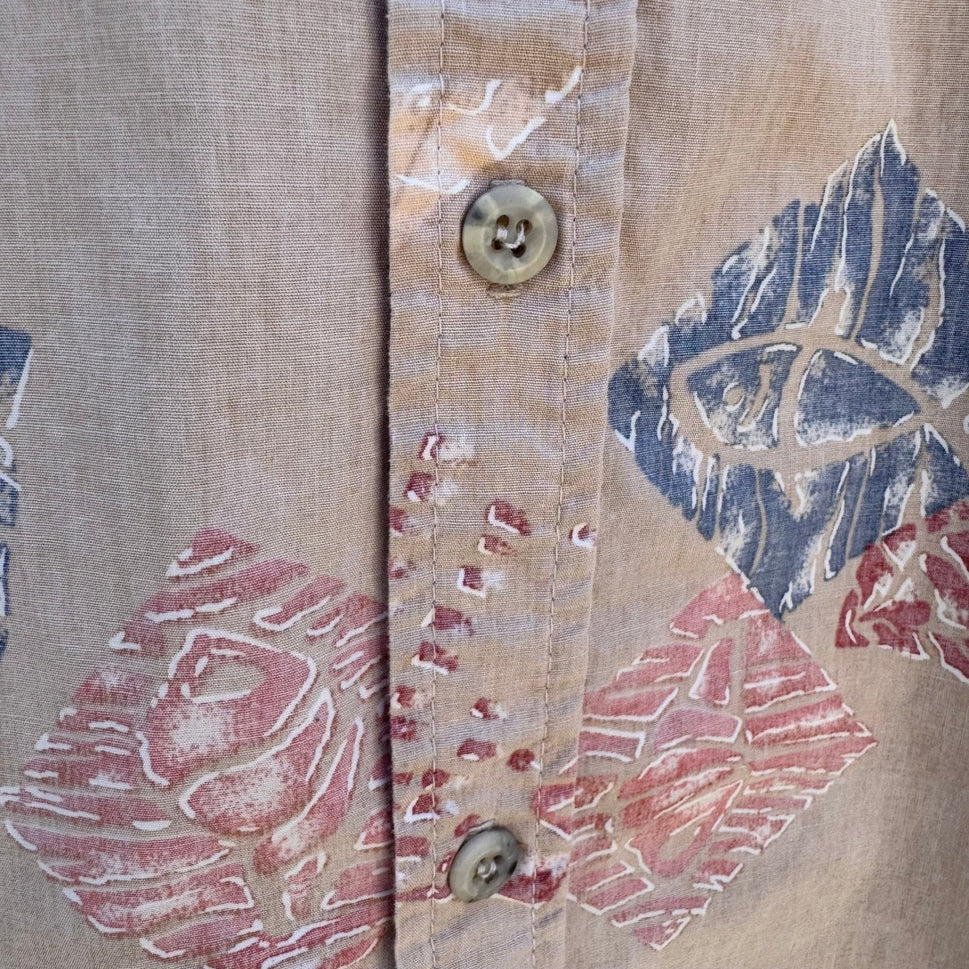 Cooke Street Honolulu Vintage Mens L Hawaiian Aloha Shirt Geometric Fish Tan