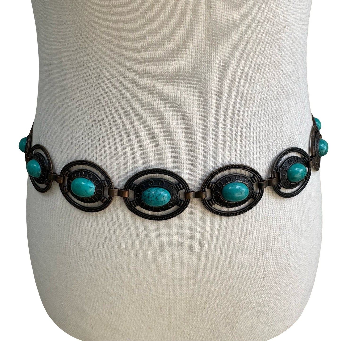 Vintage Boho Bronze Faux Turquoise Oval Link Adjustable Chain Belt Western Style
