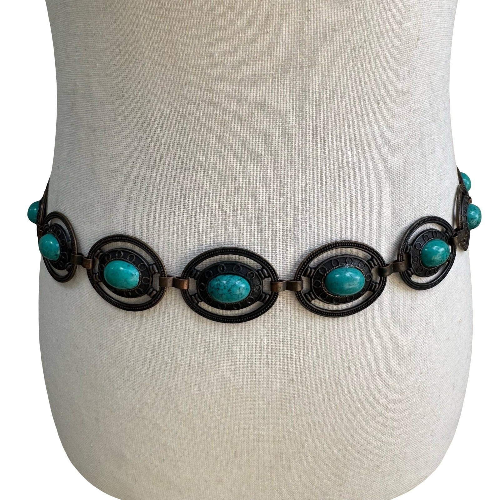 Vintage Boho Bronze Faux Turquoise Oval Link Adjustable Chain Belt Western Style
