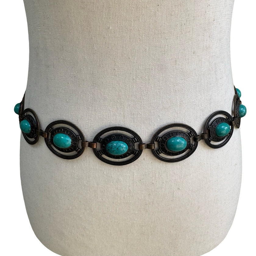 Vintage Boho Bronze Faux Turquoise Oval Link Adjustable Chain Belt Western Style
