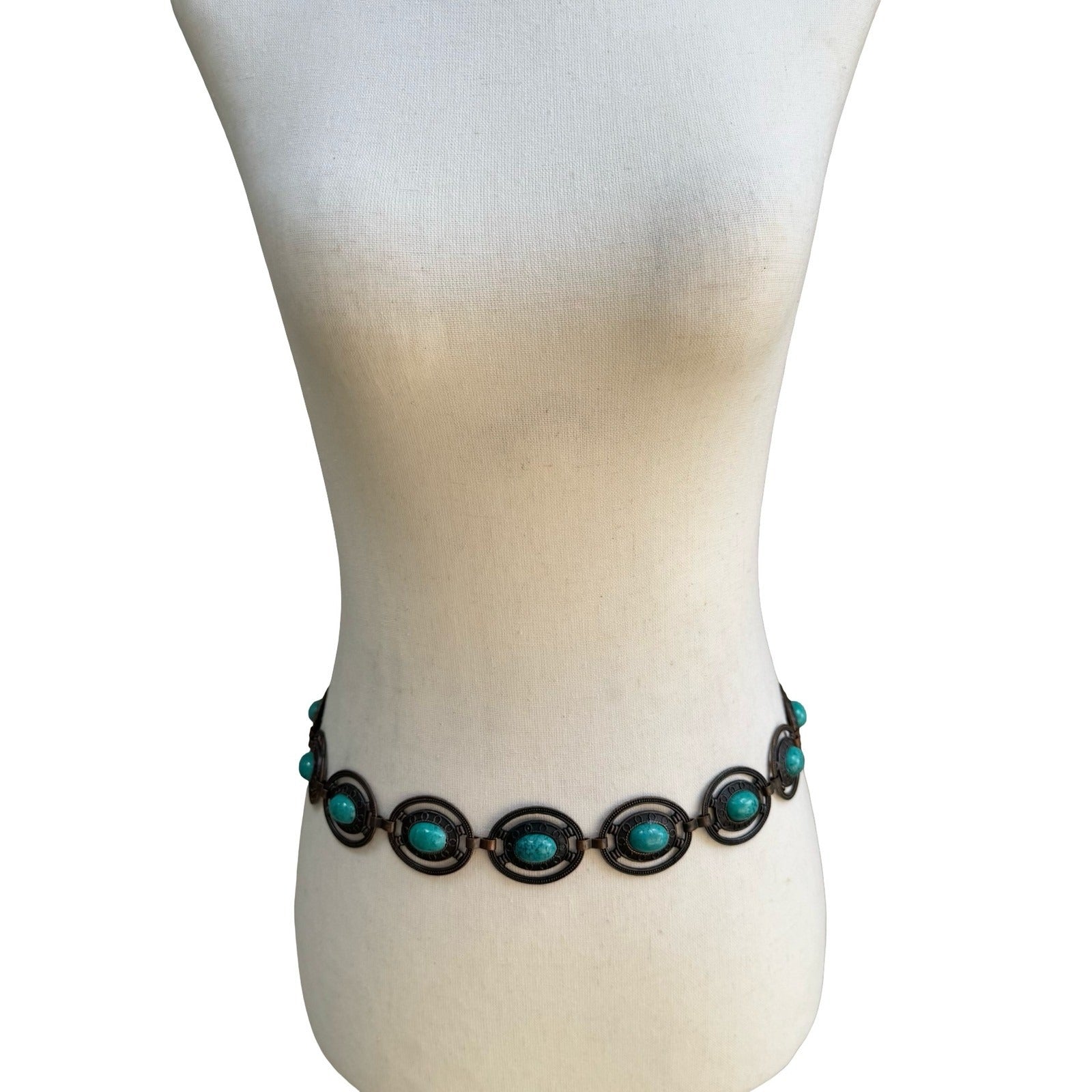 Vintage Boho Bronze Faux Turquoise Oval Link Adjustable Chain Belt Western Style