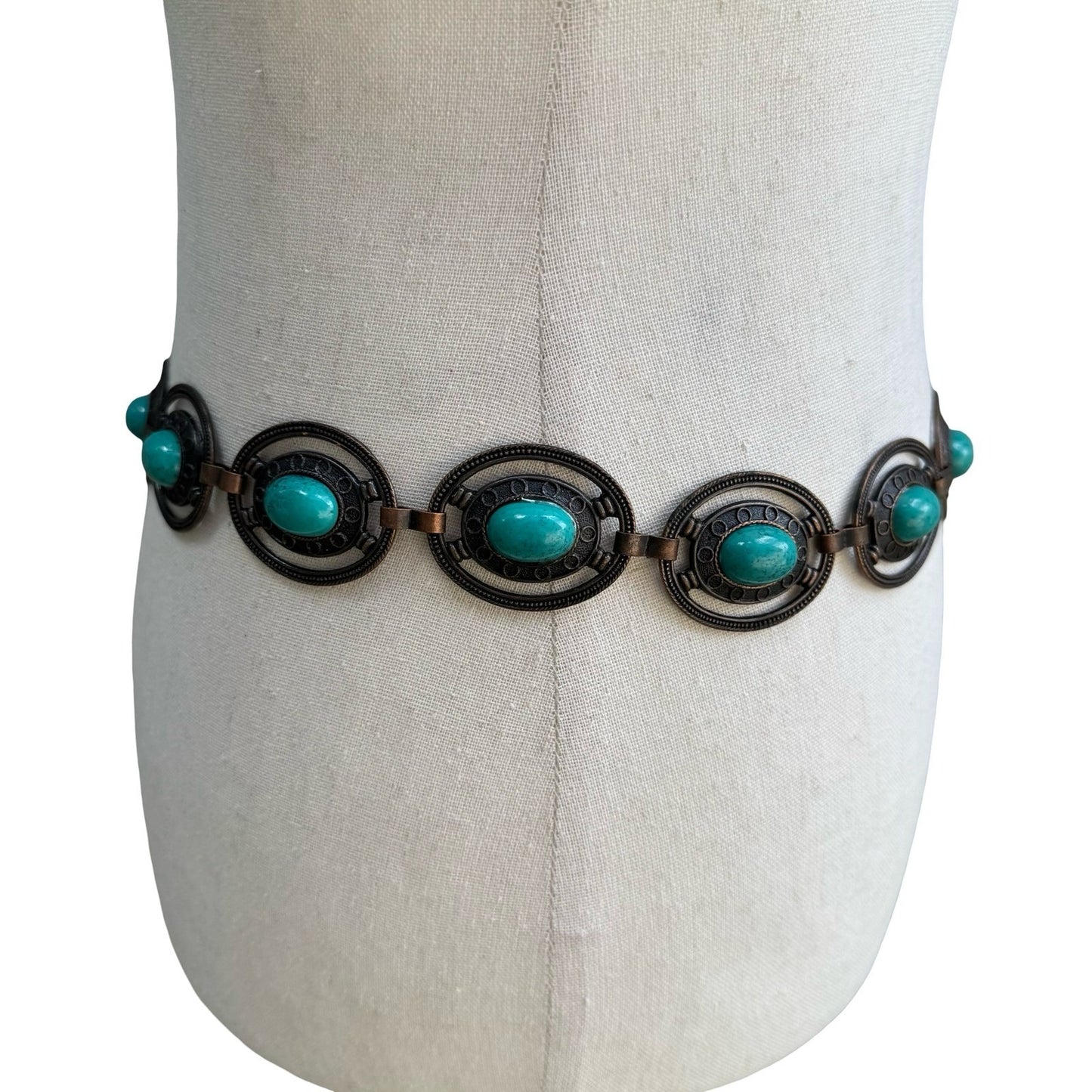 Vintage Boho Bronze Faux Turquoise Oval Link Adjustable Chain Belt Western Style
