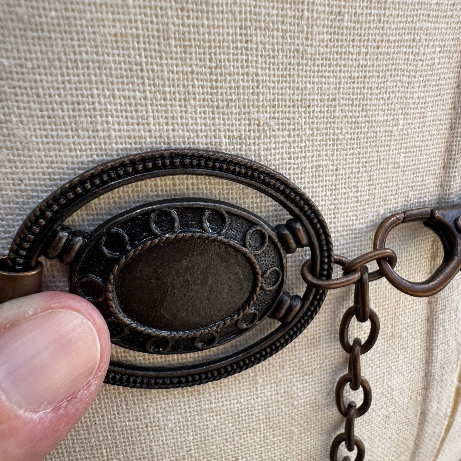Vintage Boho Bronze Faux Turquoise Oval Link Adjustable Chain Belt Western Style