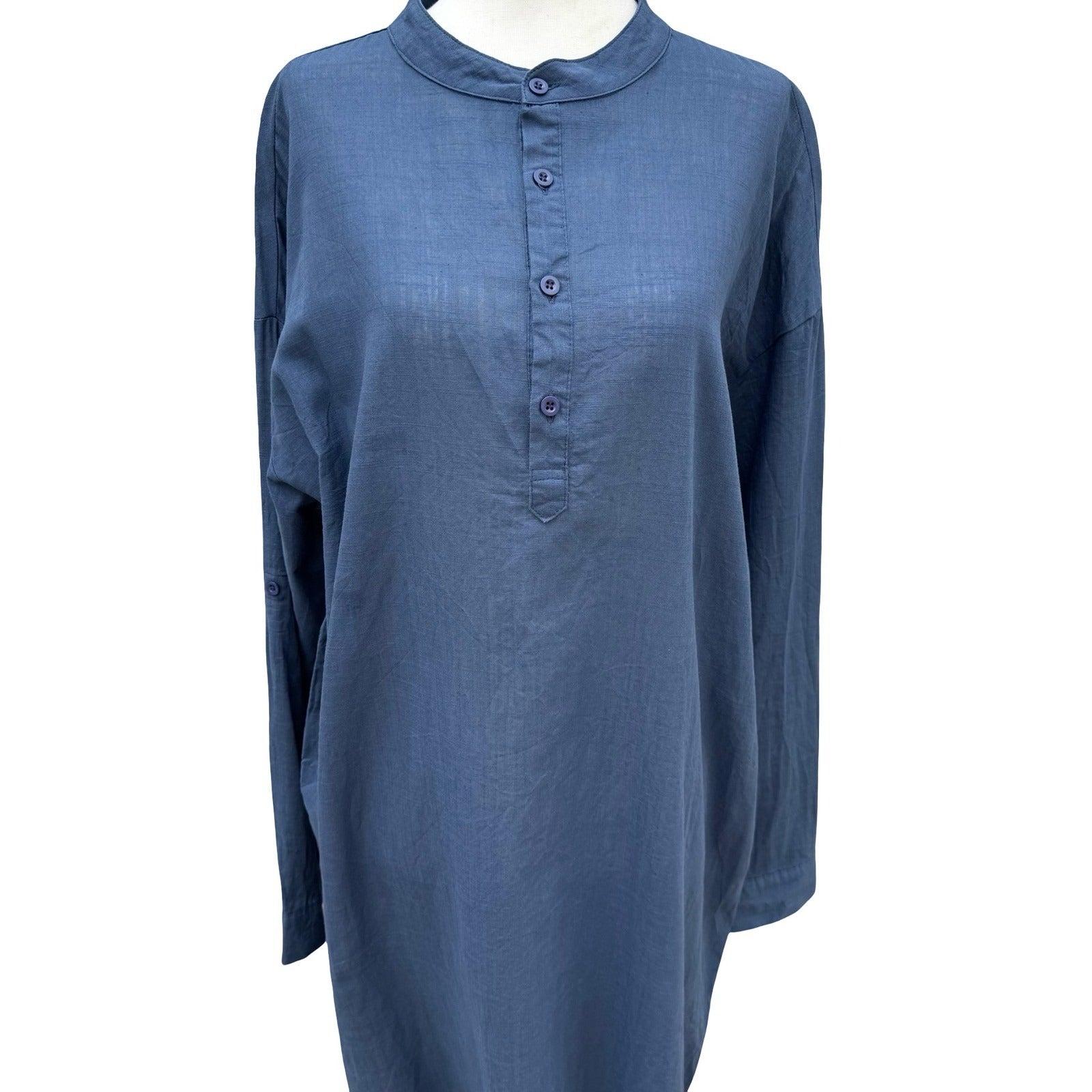 Turetrendy Blue Lagenlook Longline Maxi Tunic Kaftan Dress Band Collar Coastal L