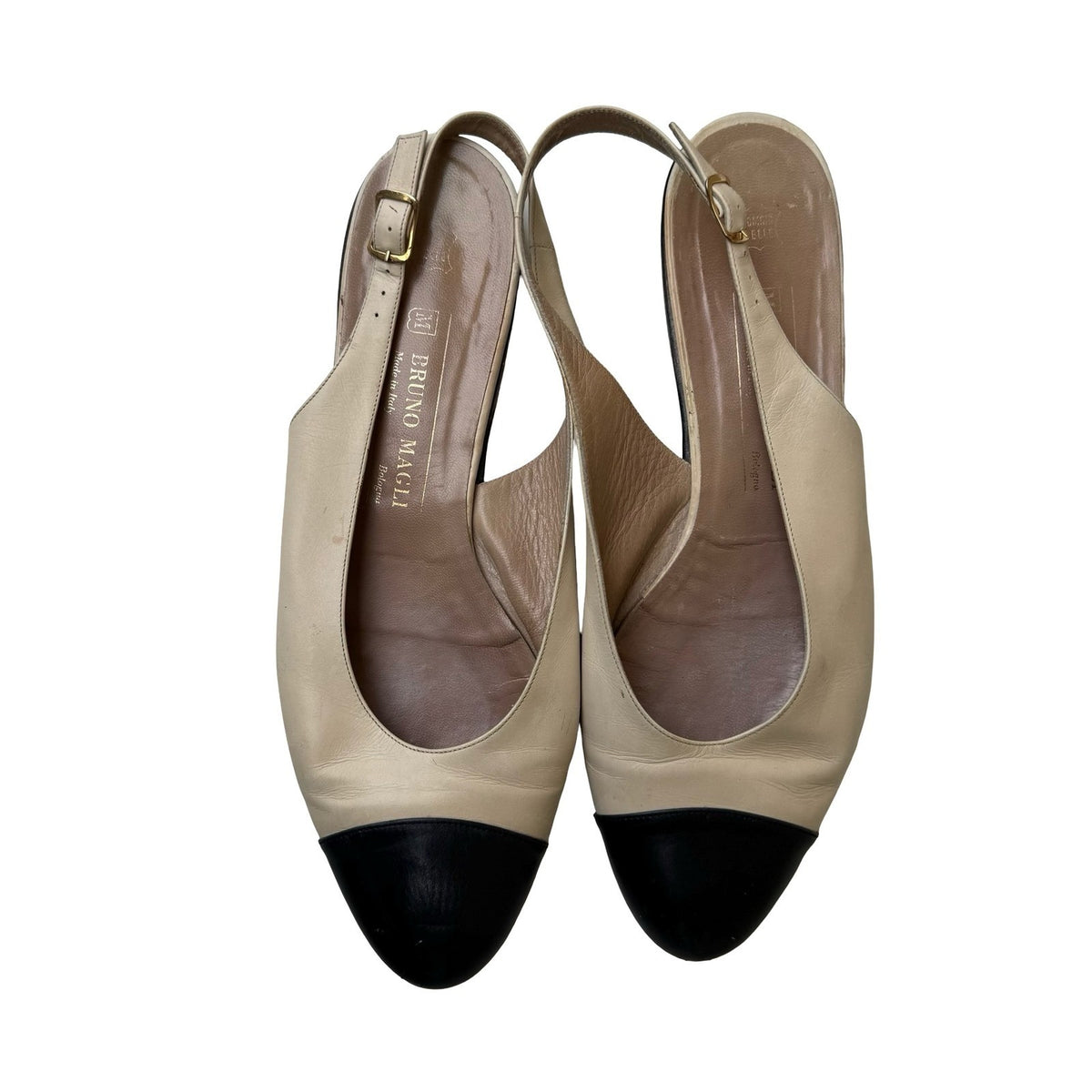Bruno Magli Vintage Cap Toe Slingback Italian Leather Flats Cream Womens 10B