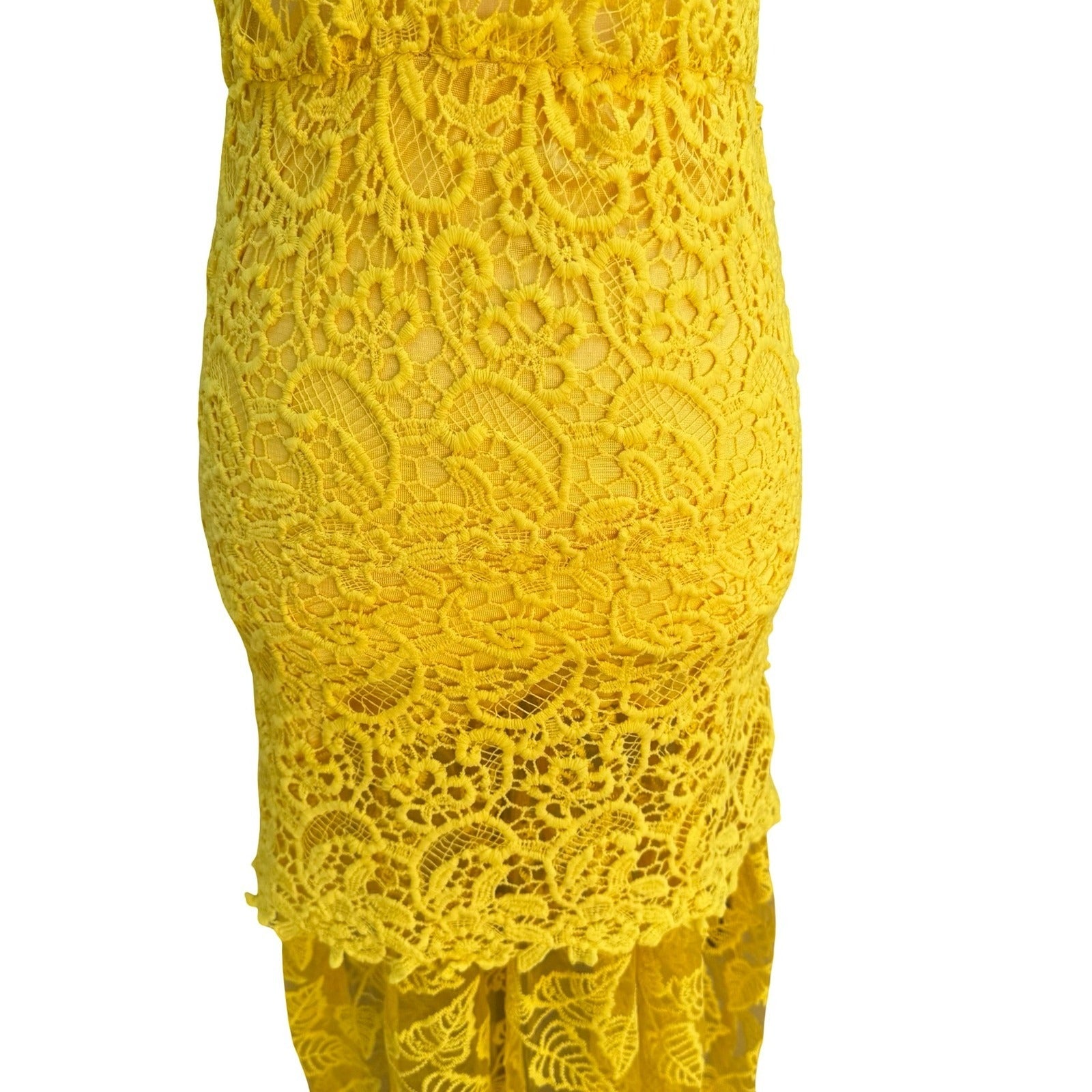 Onayaya Yellow Floral Guipure Lace Open Back Bodycon Feminine Midi Dress S NEW