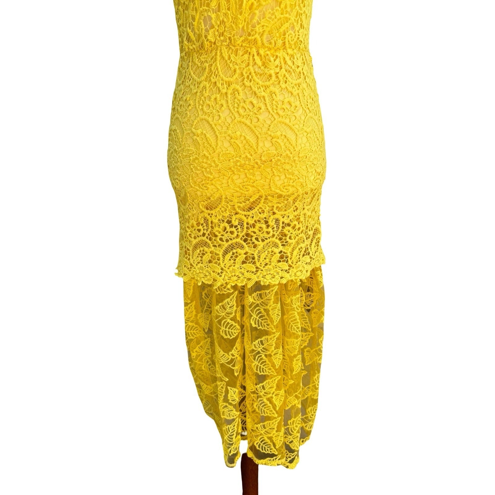 Onayaya Yellow Floral Guipure Lace Open Back Bodycon Feminine Midi Dress S NEW