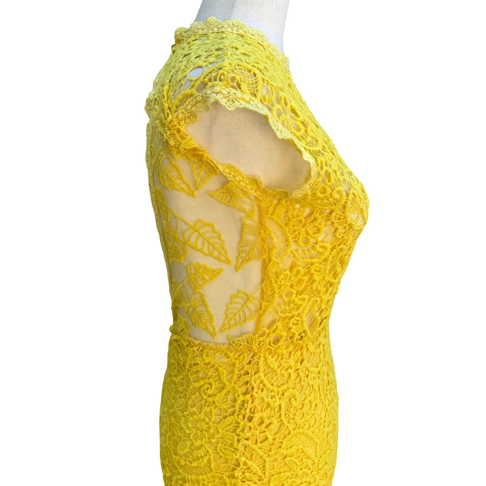 Onayaya Yellow Floral Guipure Lace Open Back Bodycon Feminine Midi Dress S NEW
